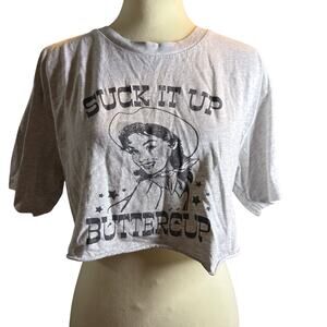 Forever 21 Suck It Up Buttercup Cowgirl Cropped Boxy Graphic Tee, Gray, Large